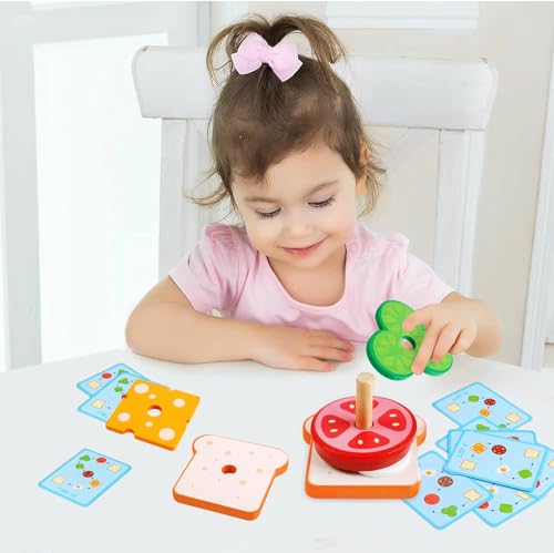 Holz Hamburger Sandwich Kinder Stapelspielzeug, Kinderküche Zubehör Holz Burger Lebensmittel Koch Spielzeug Brot Holzstapel SpielküChe Rollenspiele Geschenk für Jungen Mädchen 3+ (Sandwich)
