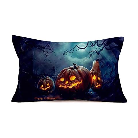 Doitely Scary Pumpkin Decorative Throw Pillow Cover 12x20 Inch Happy Halloween Horror Forest Background Cushion Case Rectangular Cotton Linen Decorations for Halloween (FD-8) Cover