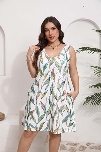 Image of Women Plus Size V Neck Sleeveless Floral Print Pocket T Shirt Dresses Casual Midi Tank Dress Beach Cover up Sundress (XL-5X)