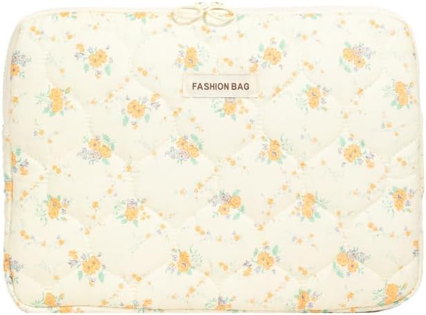 Fairycore Laptop Case for Women Floral Carrying Tablet Bag Cover Puffy Quilted Computer Liner Bag 11-15.6 Inch (13-14 Inch,Yellow)