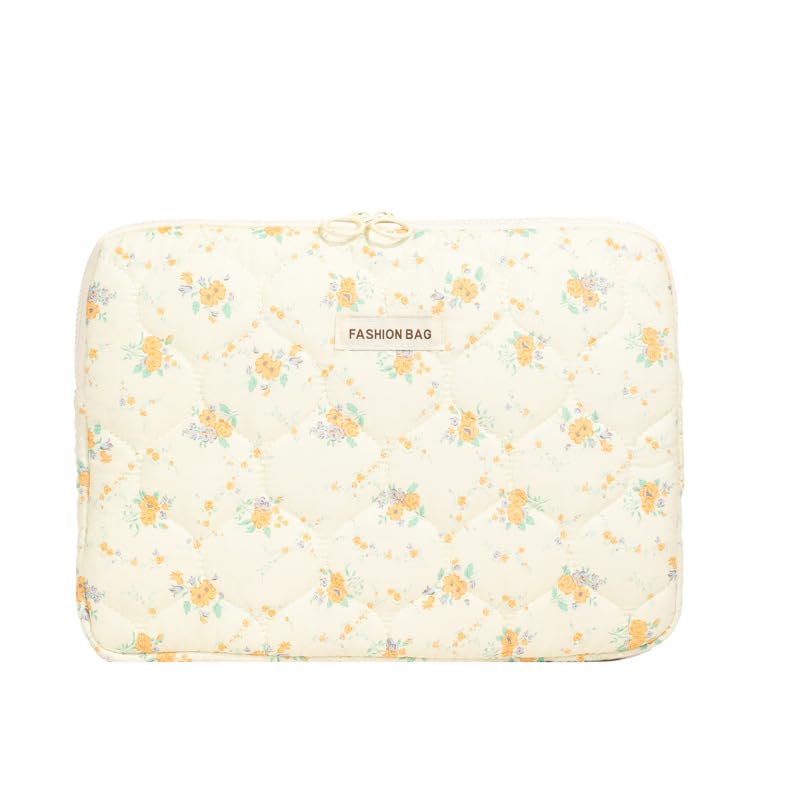 Attria Fairycore Laptop Case for Women Floral Carrying Tablet Bag Cover Puffy Quilted Computer Liner Bag 11-15.6 Inch (15-15.6 Inch,Yellow)