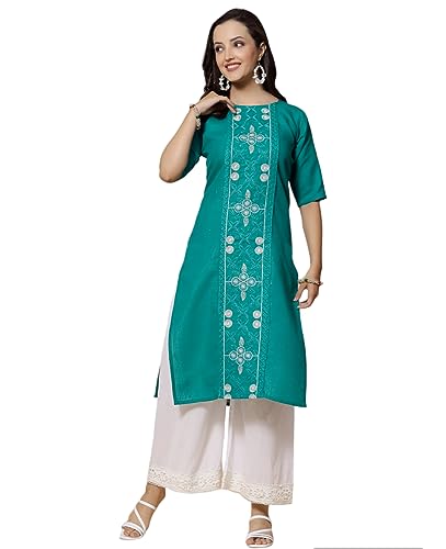 Image of Vinchic Women's Round Neck A-Line Cotton Embroidery Green Kurti (EmbBottle-91011-P)