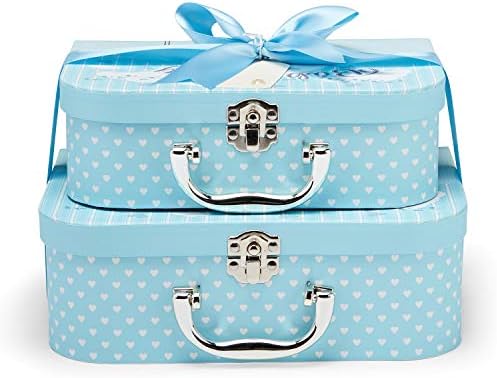 Newborn Baby Boy Hamper Gift - Hand Packed Set of Two Blue Suitcase Keepsake Boxes, Soft Plush Toy Bear, Brush, Sponge, Clothes and Essentials for New Mother Baby Showers