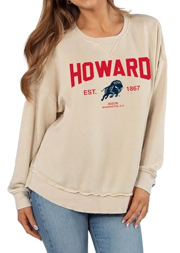 chicka-d Women's Burnout Hi-Lo Campus Crewneck Fleece Sweatshirt NCAA Arch Over Icon Neutral, Howard Bison, Oatmeal, Small