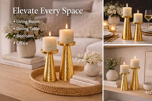 Image of ππππ πππππππππππππ Hammered Pillar Candle Holder Stand, Brass Gold Finish, Handcrafted by Artisans, Modern Home Decor for Living Room, Anniversary, Wedding, Diwali & Christmas Gift