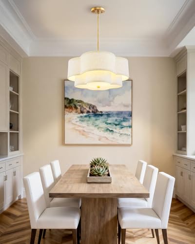 Image of 18 inch Chandelier, 3-Light Gold Pendant Light Fixtures with Dual Layer Linen Shade in Quatrefoil Shape, Double Drum Chandeliers for Dining Room Kitchen Living Room Bedroom, AD-22007-3P-GD-B