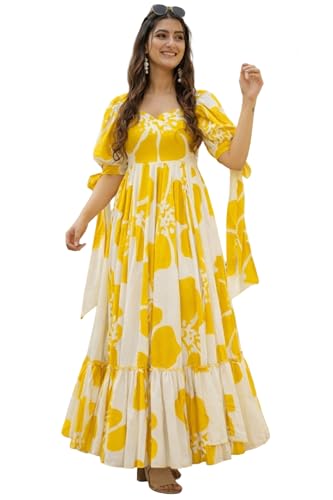 Image of Women Floral Printed Tiered Maxi Dress with Puff Sleeves, Empire Waist, Tie-Up Detail, Flared Long Dress for Casual Wear, Summer Outings, Vacation & Resort Wear - Causal Gown for Women