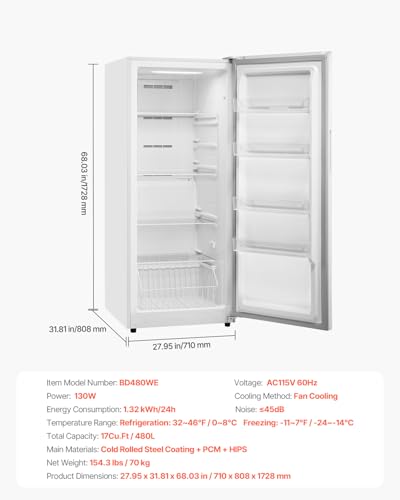 Image of VEVOR Convertible Freezer /Refrigerator, 17 Cu.Ft Frost Free Upright Freezer with Temp Control Panel, Door Open too Long Alarm, Adjustable Shelves and LED, Standing Fridge for Kitchen, Office, Garage