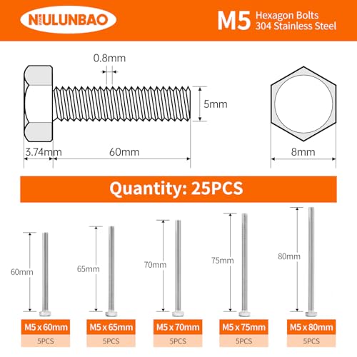 Image of M5 x 60mm 65mm 70mm 75mm 80mm Heavy Duty Hexagon Bolts Hex Head Screws, 304 Stainless Steel, Metric Fully Thread, Machine, Bright Finish, Assortment Kit 25PCS