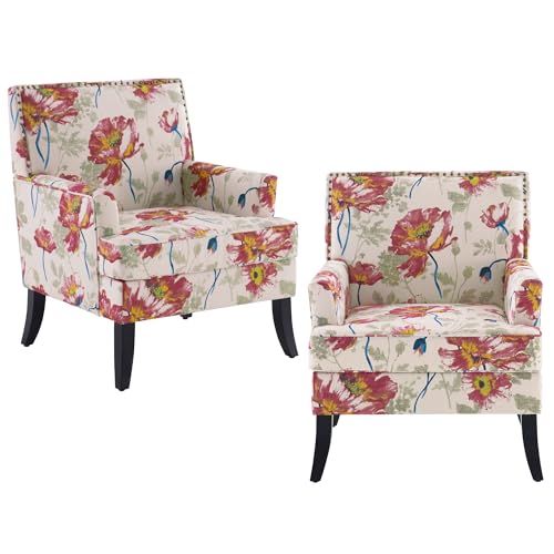 HUIMO Living Room Chair Set of 2 Accent Upholstered Chair with Retro Print Club Armchair with Rivets Holds 300 lbs Linen Sofa Chair for Bedroom Leisure Room Study Red Floral