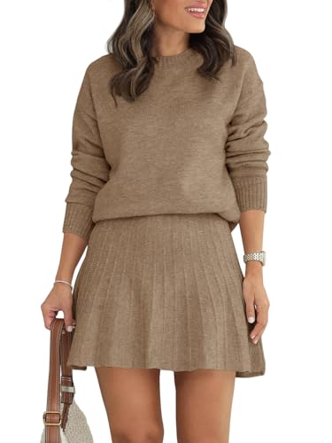 Tankaneo Womens 2 Piece Skirt Sets Pullover Sweaters Pleated Mini Skirt Fall Winter Knit Trendy Sweater Sets