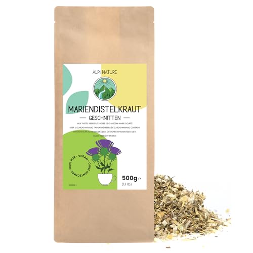 Alpi Nature Cardo Mariano Infusión 500g, Hierba de Cardo Mariano Seca y Cortada, Té de Hojas Sueltas