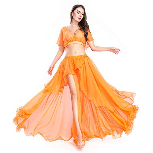 ROYAL SMEELA Chiffon Belly Dance Costume Set for Women, One Size, Belly Dancing Skirt Dance Dress, Orange, 11 Colors