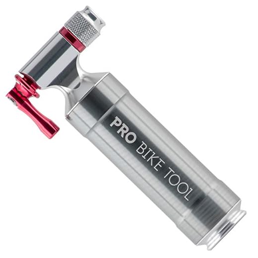 PRO BIKE TOOL CO2 Inflator with Cartridge Storage Canister Quick, Easy and Safe - for Presta and Schrader - Bicycle Tire Pump for Road and Mountain Bikes - No CO2 Cartridges Included (Titanium)