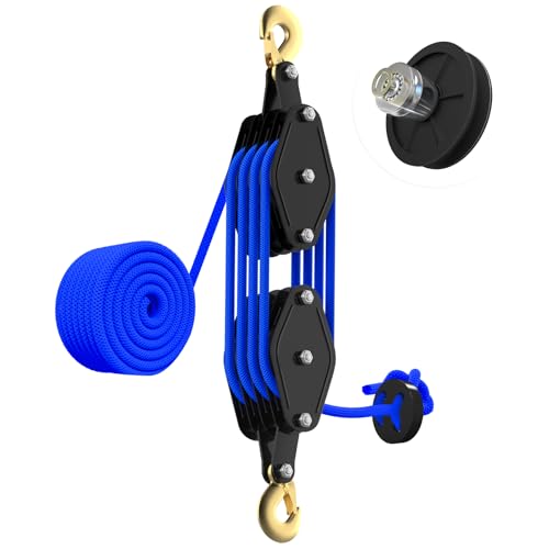 YATOINTO Rope Hoist Pulley System 4400LB Pulley Block and Tackle 8:1 Ratio Lifting Power 65ft Heavy Duty Pulley Block for Hunting Lifting Heavy Objects Garage Warehouses Building (Blue)