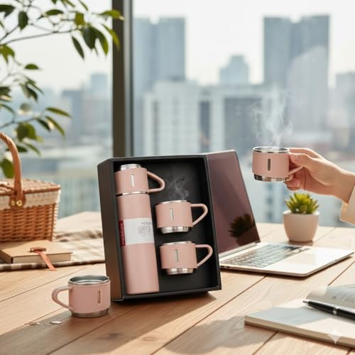 Image of Stainless Steel Vacuum Insulated Bottle Set 500ml with 2 Cups Combo Leak Proof Water Flask Bottle for Tea Coffee Water Travel School Office Corporate Gifts Pink Simple - Not a Thermos