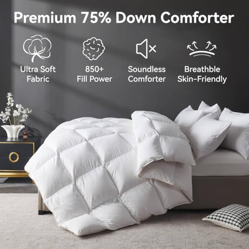 Image of L LOVSOUL Organic 75% Down Fiber Comforter Full Size,850+FP,1200TC,Extra Fluffy,Hotel Style,Luxury Ultra Soft All Season White Duvet Insert with 8 Corner Tabs