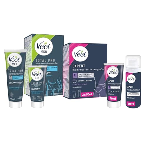 Veet Expert/Men Intim-Haarentferungs-Set für Sie und Ihn - Enthaarungscreme für den Intimbereich - inkl. Multi-Benefit-Schaum - 2 x 50 ml & für Männer 100 ml Tube & 50 ml Pflegebalsam