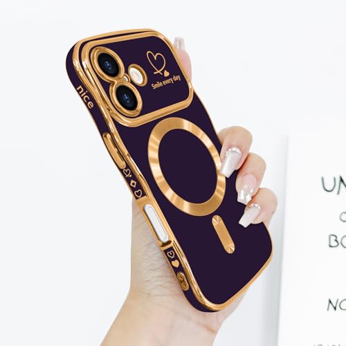 LCHULLE for iPhone 17 Case for Women Girls [Compatible with MagSafe] Cute Curly Wave Shape, Magnetic Love Heart Pattern with Camera Lens Cover Luxury Plating Shockproof Phone Case, Dark Purple by LCHULLE - Image 2