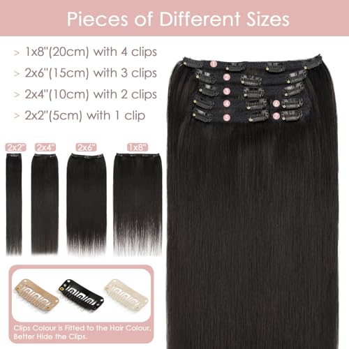 Silk-co Clip in Hair Extensions Real Human Hair Remy Double Weft With Lace Coverd Clip in Silky Straight Natural Thick Hair Seamless 7pcs 16Clips 90g 12Inch #1B Natural Black - Image 3