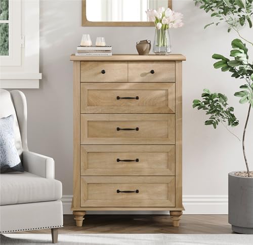 WAMPAT Oak Dresser for Bedroom with 5 Drawers, Tall Kids Dressers with Wide Chest of Drawers, Mid Century Modern Wooden Closet Storage Organizer, Samll Dressers for Living Room, Nursery, Hallway