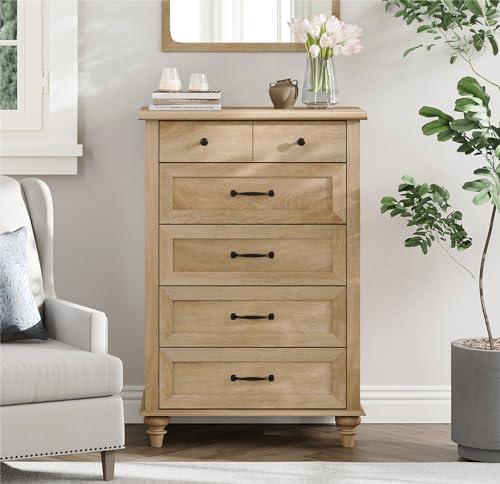 WAMPAT Tall Oak Dresser with 5 Drawers for Bedroom and Nursery