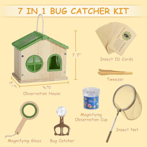 SainSmart Jr. Bug Catcher for Kids - Wooden Bug Habitat with Magnified Viewer, Butterfly Net, Observation Box, Tweezers & 15 Cards, Outdoor Toys & STEM Toys for Boys & Girls Ages 3+, Green - Image 6