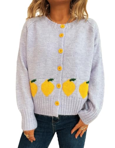 Cardigan Sweaters for Women Crewneck Cute Lemon Embroidery Button Down Casual Loose Knit Cardigan Coat