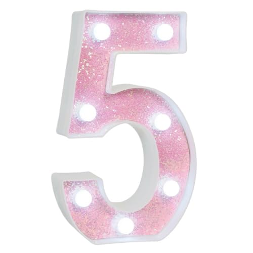 Image of Pink Glitter Marquee Light Up Numbers, LED Number Lights Battery Operated for Girls 5th 15th Pink Birthday Party Table Decorations, Wall Decor for Girls Bedroom, Number 5 Sign Cool White Lights
