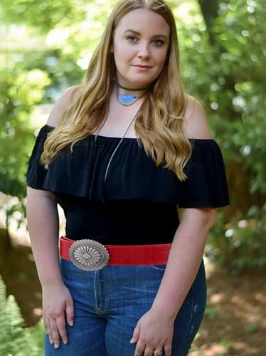 Yalice Women Red Leather Belt Silver Buckle Cowgirls Belts for Jeans Y2K Country Waist Belt for Ladies4