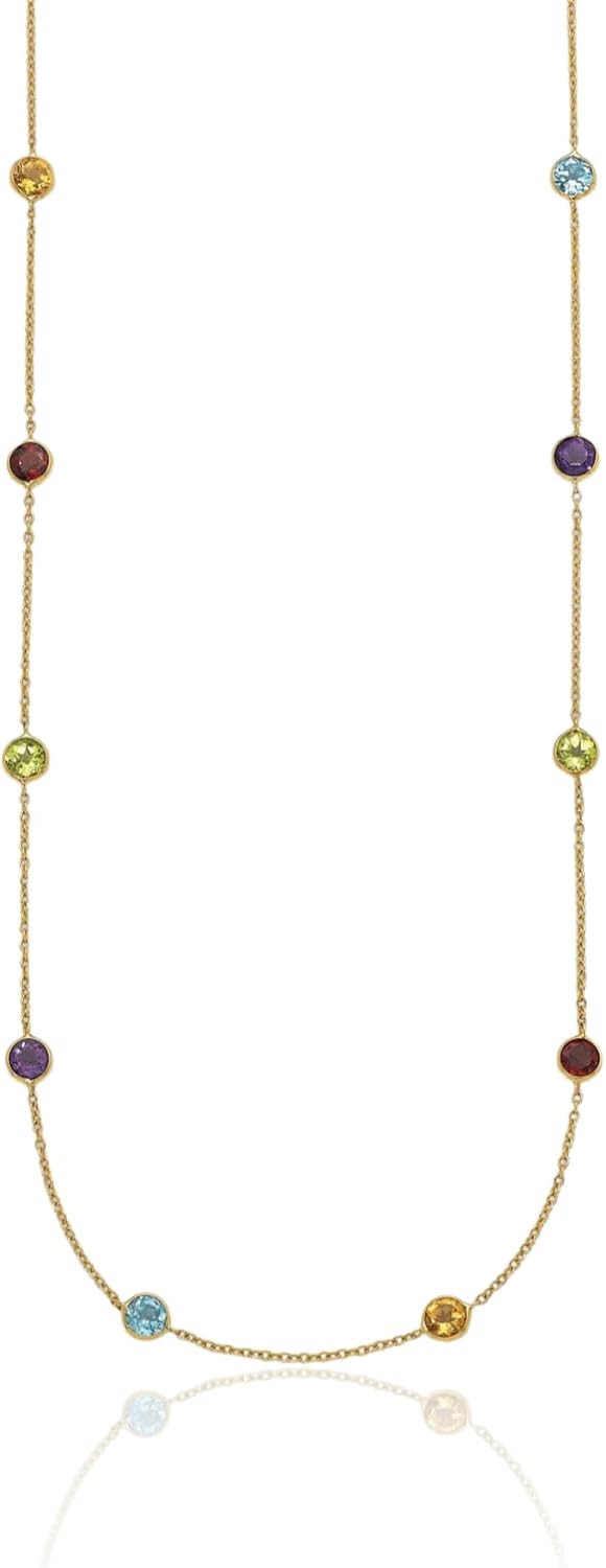 IceCarats 14K Solid Yellow Gold 0.25 carat Purple Blue Topaz Amethyst Multi Color 1mm Dainty Multi gemstone Station Cable Chain Necklace Round Cut