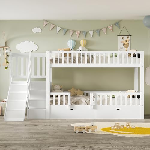 Sapgaks Lit Enfant 90x200 avec tiroirs et Toboggan et escalier,lit superposé Enfant 90x200 avec Porte magnétique,lit Mezzanine 2 Places,Multifonctionnel,Bois...