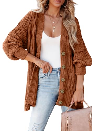 SHEWIN Womens Oversized Open Front Cardigan Sweaters Long Lantern Sleeve Button Knit Chunky Sweater Outerwear Coats
