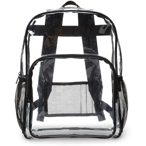 Amazon Basics Transparent Clear School Backpack, Water-Resistant PVC Plastic, Reinforced Shoulder Straps, 17 x 7 x 13 in