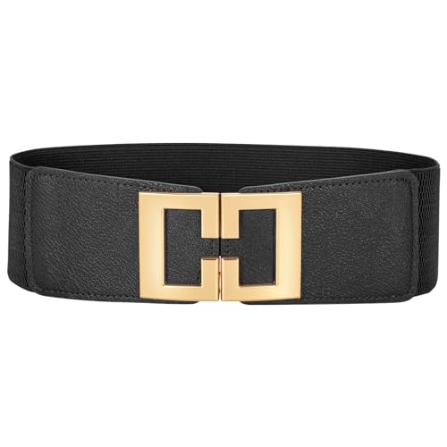 Wide Elastic Belts for Women Dresses Fashion Stretchy Waist Belt with Gold Buckle (Black)