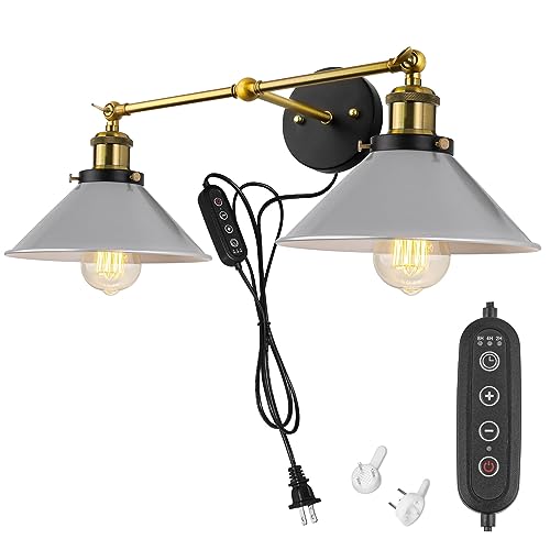 ZETION Applique Murale enfichable de Style Industriel avec Abat-Jour en Fer, Cordon enfichable de 5,9 Pieds, intensité Variable, lumière Simple avec 2 têtes de Lampe, Douille E26 (Color : Silver)