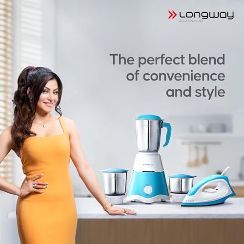 Image of Longway Mixer Grinder with Kwid 1100W Dry Iron | 500 Watt Powerful Motor | 3 Jars for Grinding, Mixing, Juicing | 2 Year Warranty (White & Blue)