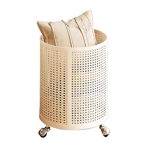 Chariot à linge à roulettes grande capacité : panier métal et rotin beige tressé