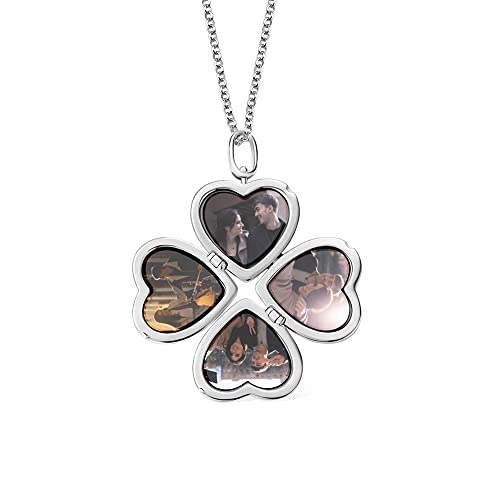 Personalized Photo Locket Necklace that Holds Pictures Sterling Silver Jewelry Gifts for Women Girls Custom Photo Lockets Pendant Necklace Picture Locket Memorial Jewelry Heart Wing Four Leaf Oval