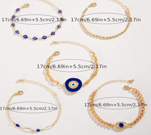 Image of Gold Plated Evil Eye Bracelet Set for Women and Girls, Adjustable Blue Nazar Protection Stackable Chain Bracelet Combo, Crystal Fashion Jewellery, Set of 5
