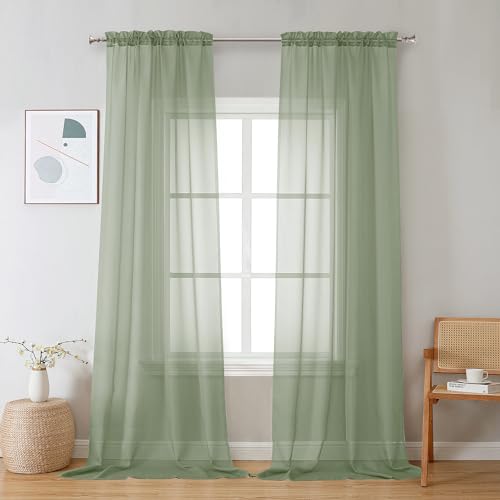 Image of OVZME Living Room Sheer Curtains 120 inch Length 2 Panels Set for French Door, Gorgeous Window Decoration for Wedding & Party & Backdrop & Canopy, Sage Green, Each 42Wx120L, 1 P