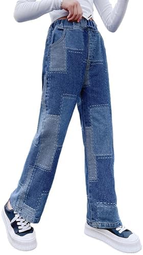 Rolanko Girls Jeans Denim Elastic Wasit Wide Leg
