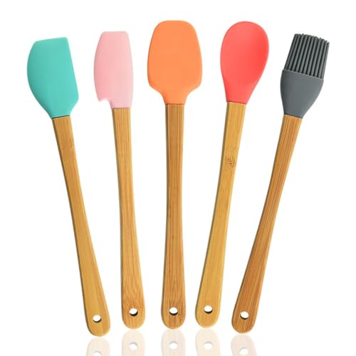 EOUIAV Set di 5 Mini Utensili spatole in Silicone da Cucina per cuocere e miscelare, Mini Utensili da Cucina in bambù e Silicone,Spatole Pasticceria Silicone per Cucina e Impasti