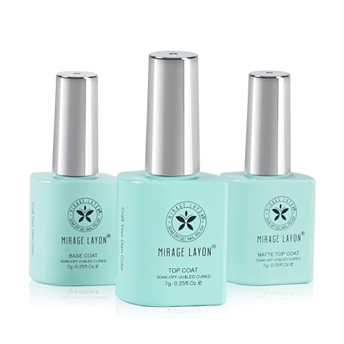 MIRAGE LAYON Gel Top Coat and Base Coat Set, 3Pcs 7g No Wipe Matte & Shiny Top Coat, Soak Off UV LED Nail Polish for Salon DIY at Home