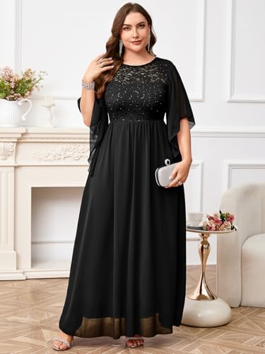 ZOMVA Plus Size 0X-4X Formal Dress Sequin Lace Chiffon A-line Maxi Dress Handkerchief Sleeve Evening Wedding Guest Prom Gown4
