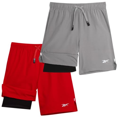 Reebok Boys Athletic Shorts 2 Pack – 2-in-1 Boys Basketball Shorts with Compression Liner – Quick Dry Running Shorts