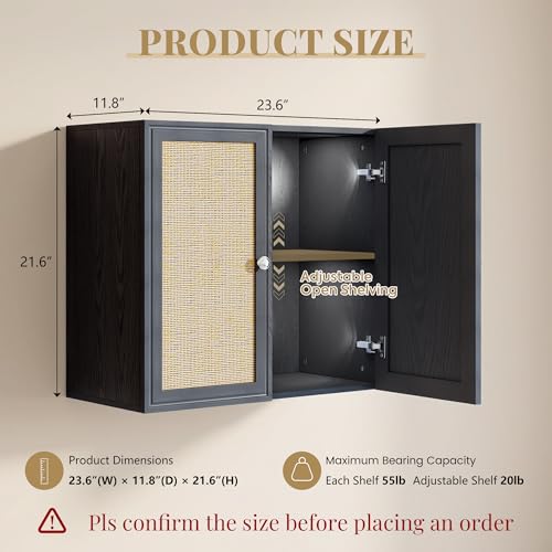 Image of Laundry Room Cabinets 24INCH Bathroom Cabinets Wall Mounted with Adjustable Shelves, Rattan Wall Cabinet for Bedroom, Kitchen, Bathroom, Black
