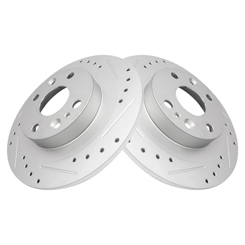 Image of TRQ Performance Rear Brake Pad and Rotor Set Ceramic Coated Drilled Slotted Rotors Compatible with 1991-1996 Ford Escort Mercury Tracer 1990-1994 Mazda Protege