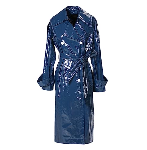 Trench-coat en cuir verni bleu femmes manteau printemps long manches raglan