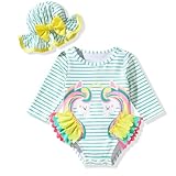 Newborn Baby Girls Bathing Suit Long Sleeve Unicorn Swimsuit One Piece Swimming Suit with Hat